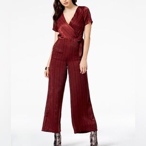 JOA Burgundy Red Striped Short-Sleeve Satin Jumpsuit